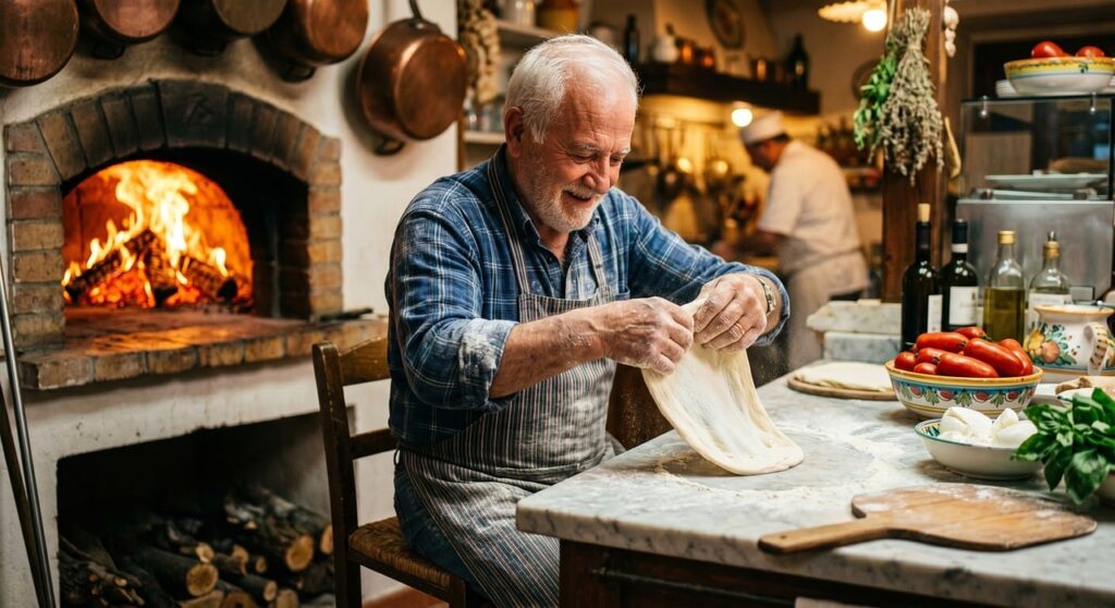 ai generated, pizza, cooking, chef, dough, traditional, elderly, smiling, kitchen, stone, mozzarella, tomatoes, herbs, basil, happiness, recipe, fireplace, wood, smile, wood-fired, apron